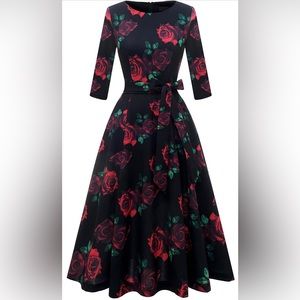 Tea Length A-Line Dress, XXL, Dark Blue w/Rose Accents